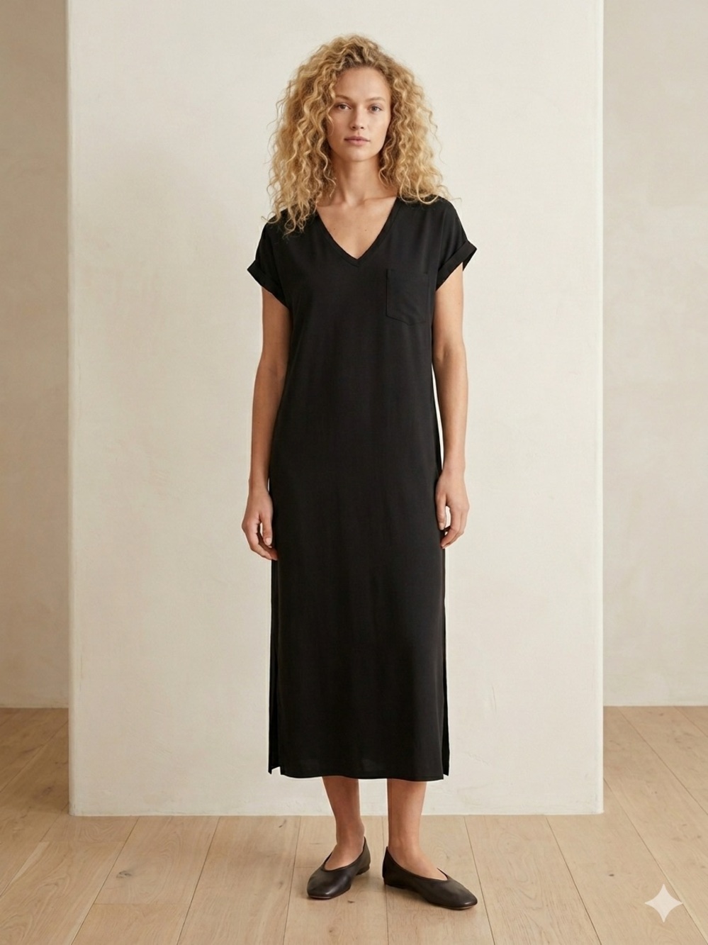 Cuyana Black V-Neck Midi T-Shirt Dress